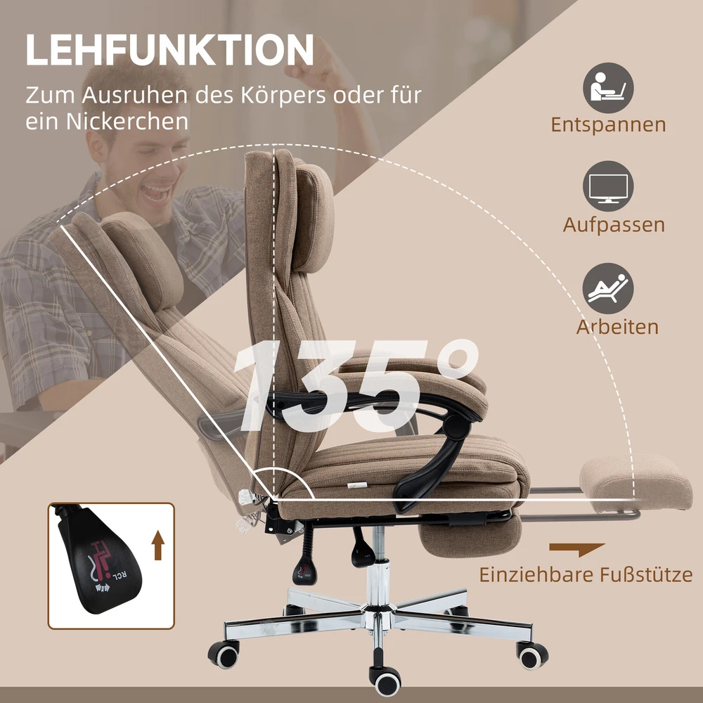 Vinsetto ergonomiška biuro kėdė su 5 masažo režimais, reguliuojamu atlošu, galvos atrama, kojų atrama, aukščiu reguliuojama, besisukanti, su nuotolinio valdymo pultu, lino audinio išvaizdos, ruda