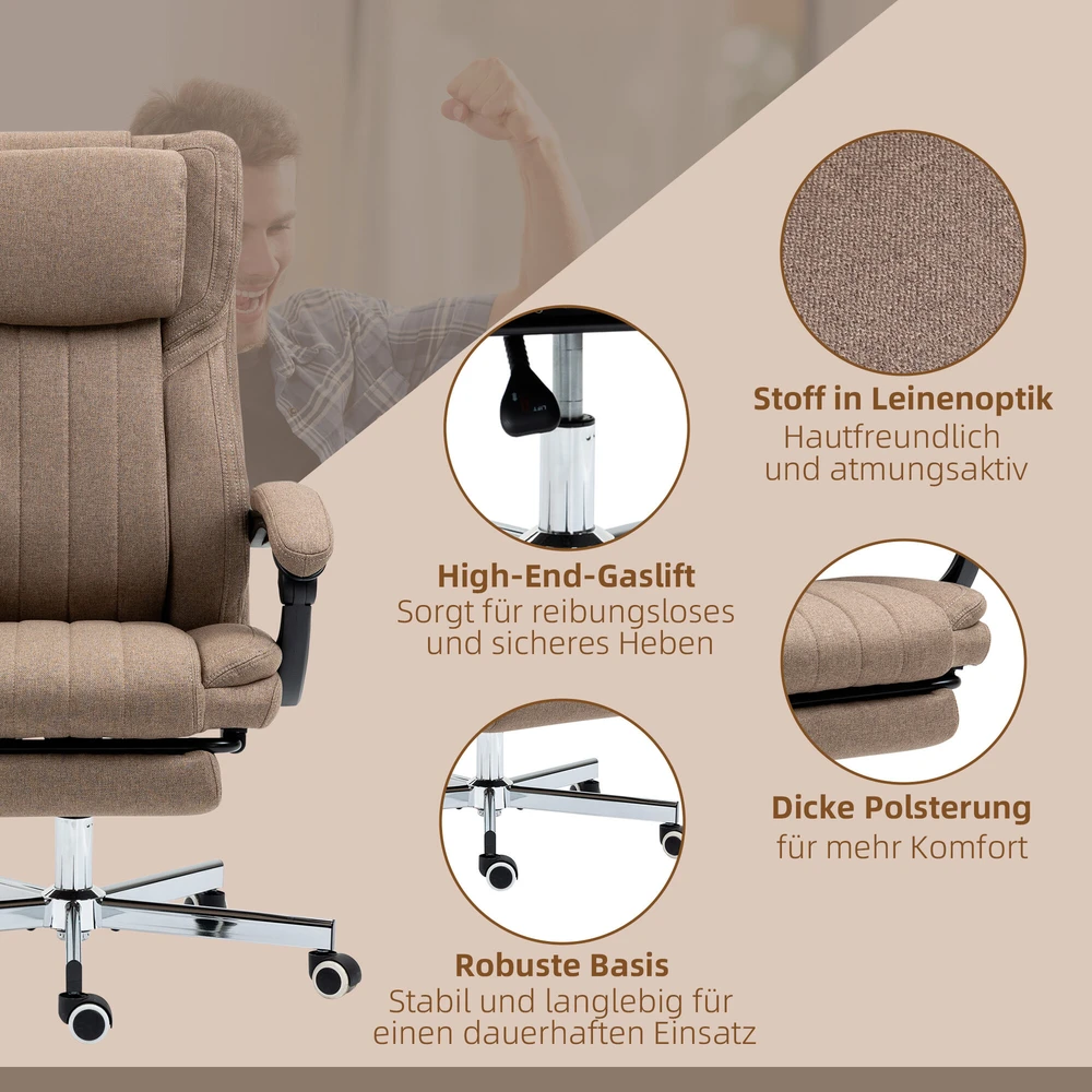 Vinsetto ergonomiška biuro kėdė su 5 masažo režimais, reguliuojamu atlošu, galvos atrama, kojų atrama, aukščiu reguliuojama, besisukanti, su nuotolinio valdymo pultu, lino audinio išvaizdos, ruda