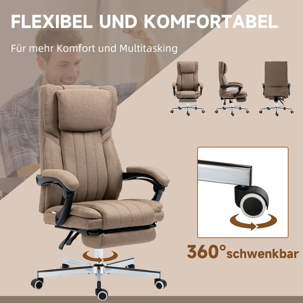 Vinsetto ergonomiška biuro kėdė su 5 masažo režimais, reguliuojamu atlošu, galvos atrama, kojų atrama, aukščiu reguliuojama, besisukanti, su nuotolinio valdymo pultu, lino audinio išvaizdos, ruda