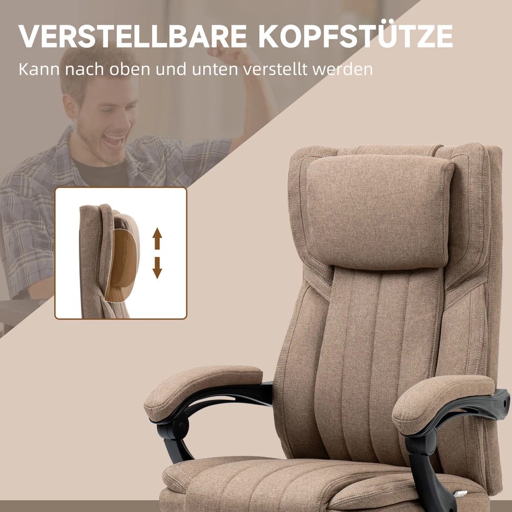Vinsetto ergonomiška biuro kėdė su 5 masažo režimais, reguliuojamu atlošu, galvos atrama, kojų atrama, aukščiu reguliuojama, besisukanti, su nuotolinio valdymo pultu, lino audinio išvaizdos, ruda
