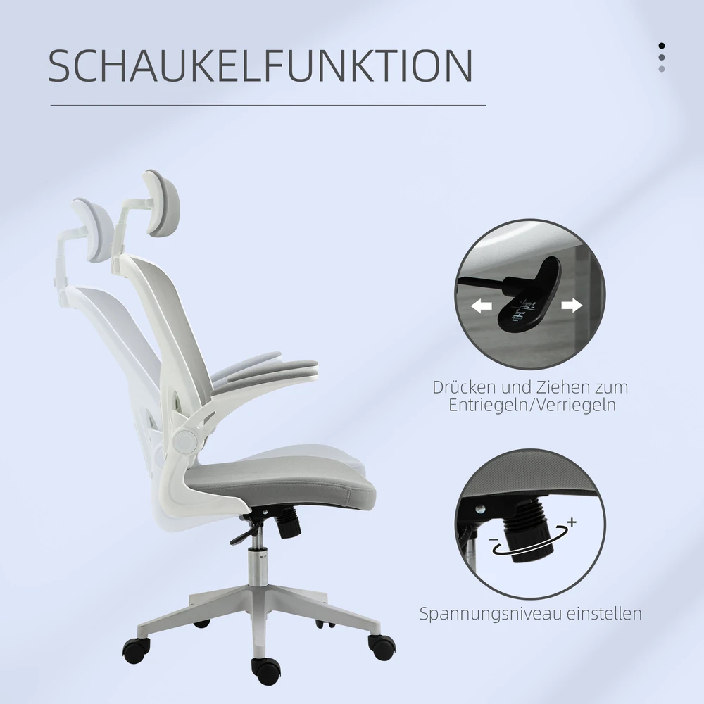 Vinsetto biuro kėdė, ergonomiška kėdė su supimosi funkcija, aukštu atlošu, juosmens atrama, galvos atrama ir atlenkiamais porankiais, pilka, 65 x 64 x 114–122 cm