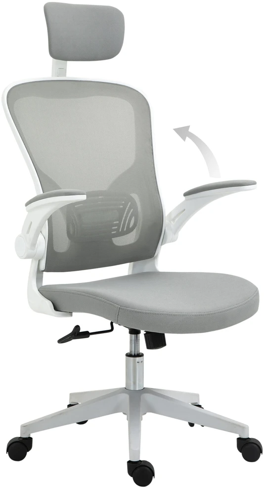 Vinsetto biuro kėdė, ergonomiška kėdė su supimosi funkcija, aukštu atlošu, juosmens atrama, galvos atrama ir atlenkiamais porankiais, pilka, 65 x 64 x 114–122 cm