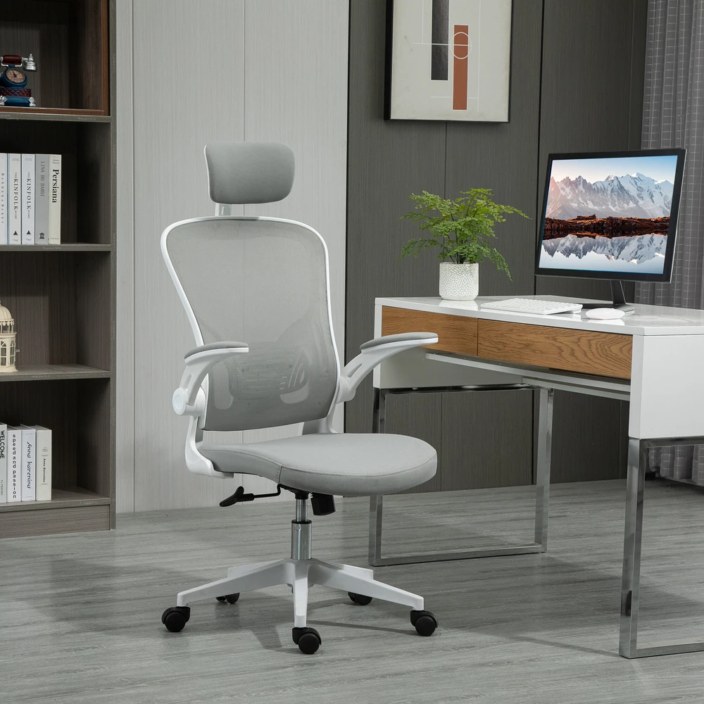 Vinsetto biuro kėdė, ergonomiška kėdė su supimosi funkcija, aukštu atlošu, juosmens atrama, galvos atrama ir atlenkiamais porankiais, pilka, 65 x 64 x 114–122 cm
