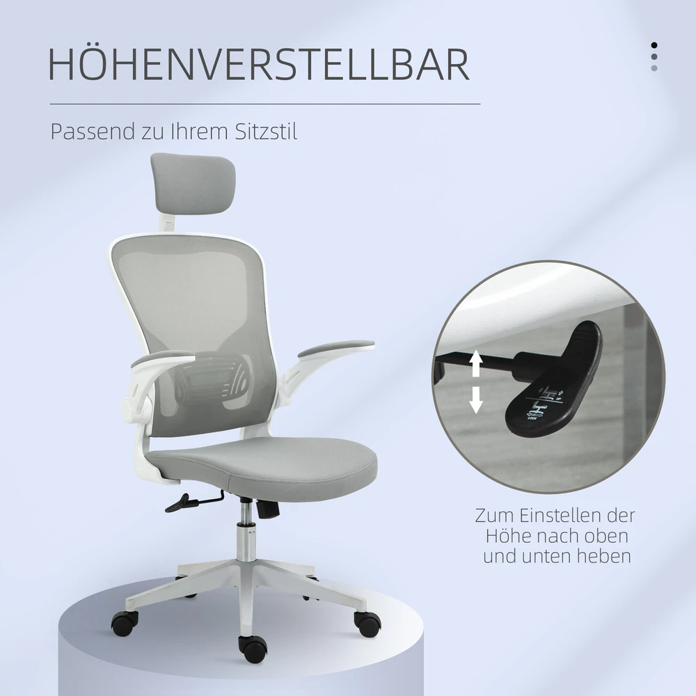 Vinsetto biuro kėdė, ergonomiška kėdė su supimosi funkcija, aukštu atlošu, juosmens atrama, galvos atrama ir atlenkiamais porankiais, pilka, 65 x 64 x 114–122 cm