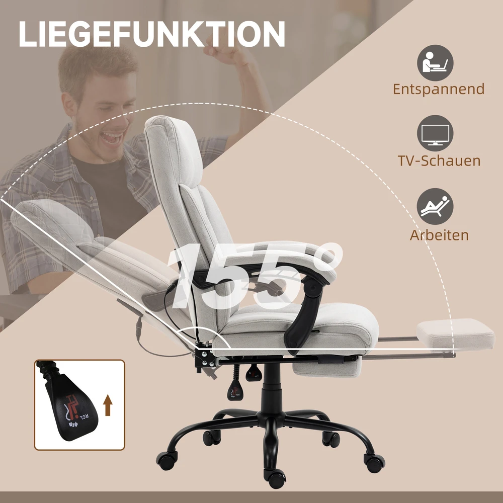 Vinsetto masažinė biuro kėdė su supimosi funkcija, rašomojo stalo kėdė, 111-119 cm reguliuojamo aukščio pasukama kėdė su šildymo funkcija, kompiuterio kėdė su kojų atrama