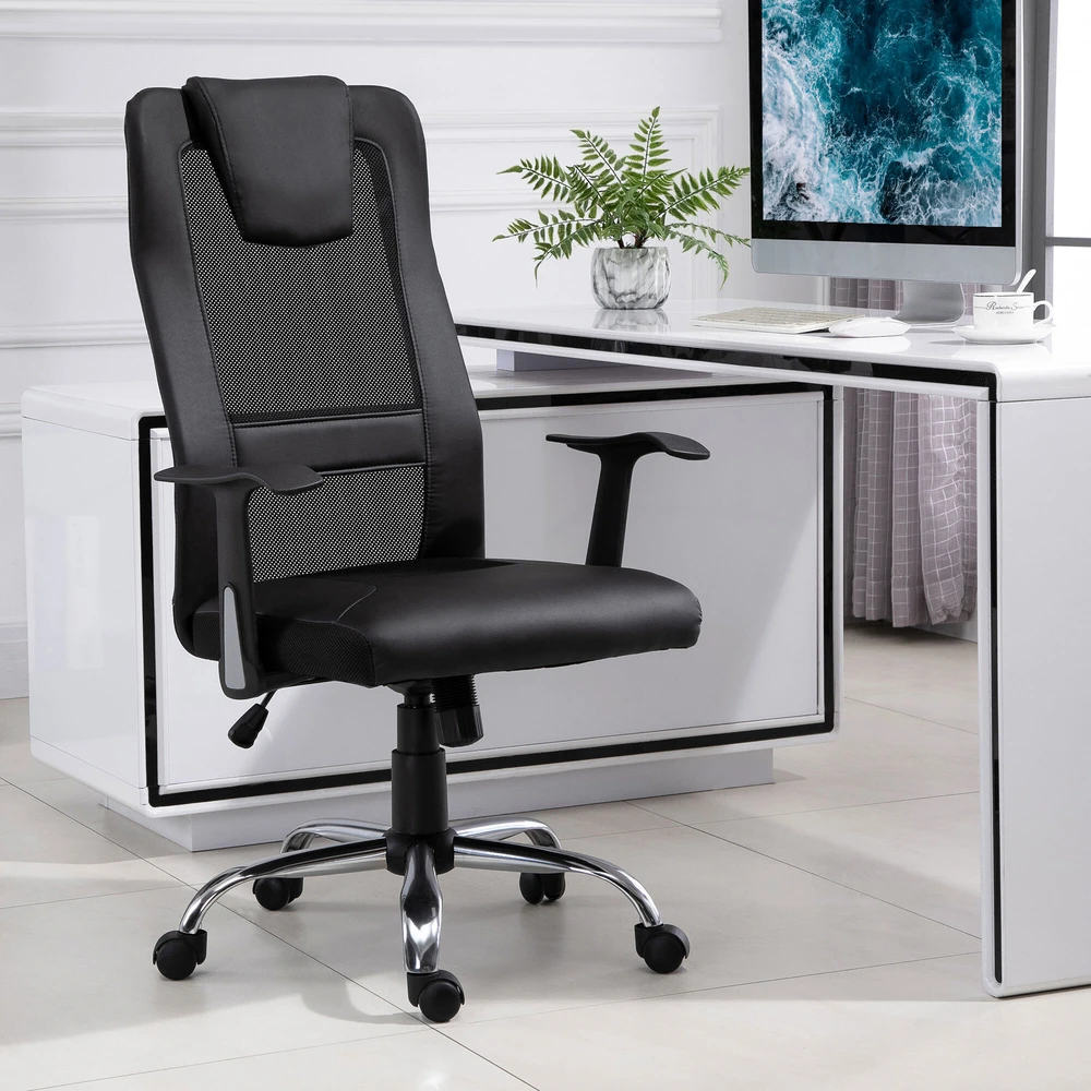 Vinsetto biuro kėdė, ergonomiška sukama kėdė, reguliuojamo aukščio, dirbtinė oda (PU), juoda, 66x73x108-118 cm