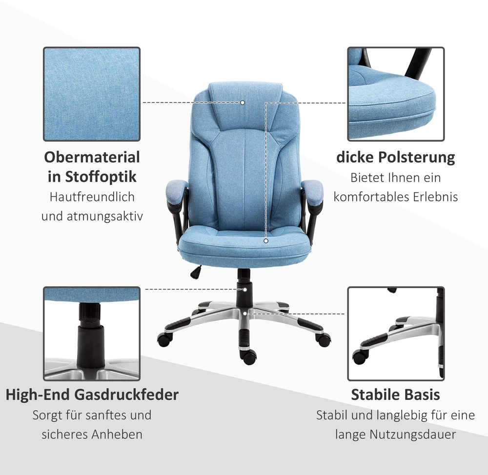 Vinsetto biuro kėdė kompiuterio kėdė sukamoji kėdė aukščio reguliavimas supimosi funkcija šviesiai mėlyna linas 66x75x110-120cm