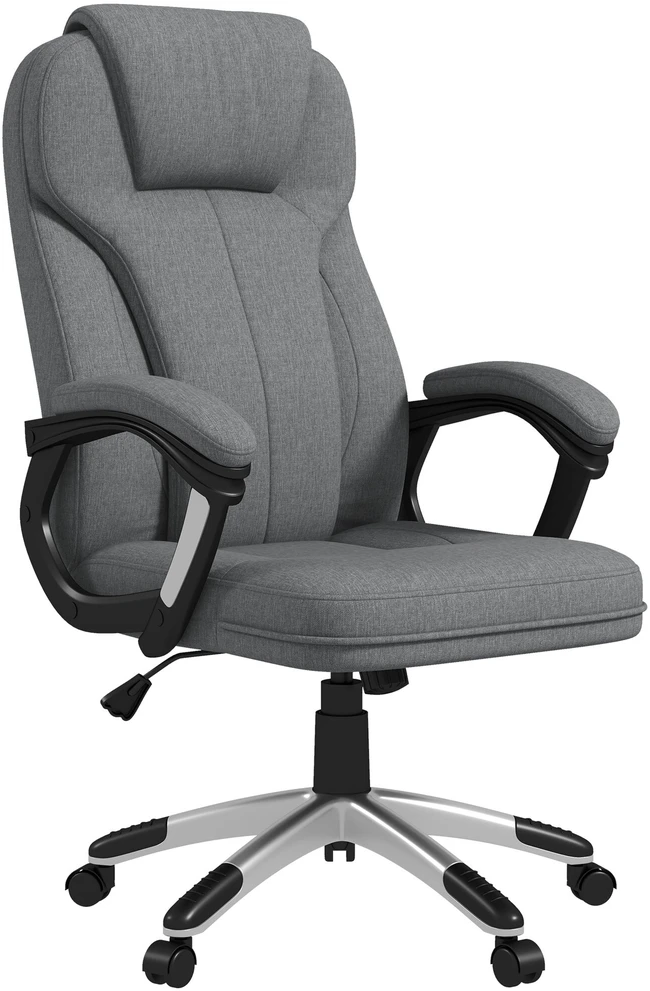 Vinsetto biuro kėdė, ergonomiška kompiuterinė kėdė su supimosi funkcija, reguliuojamu aukščiu, galvos atrama, porankiais, pilka, lininis audinys, 66x75x110–120 cm