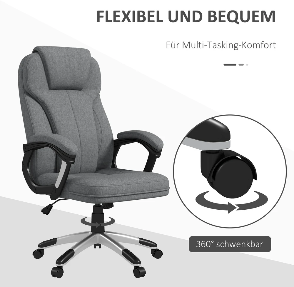 Vinsetto biuro kėdė, ergonomiška kompiuterinė kėdė su supimosi funkcija, reguliuojamu aukščiu, galvos atrama, porankiais, pilka, lininis audinys, 66x75x110–120 cm