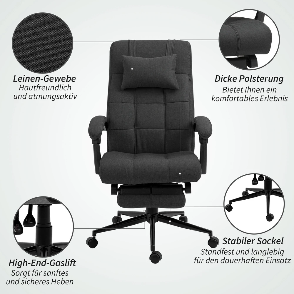 Vinsetto ergonominė biuro kėdė su atlošimo funkcija, galvos atrama, porankiais, reguliuojamu aukščiu ir kojų atrama, juoda