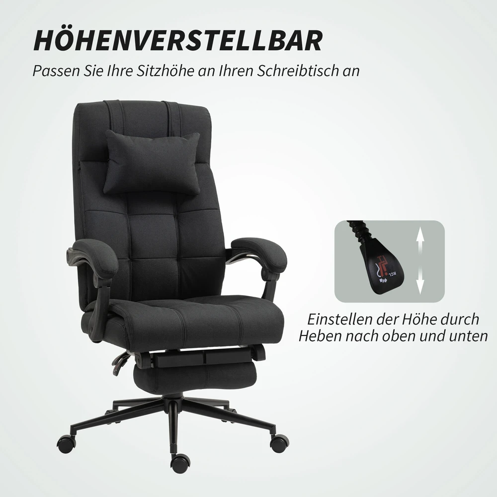 Vinsetto ergonominė biuro kėdė su atlošimo funkcija, galvos atrama, porankiais, reguliuojamu aukščiu ir kojų atrama, juoda