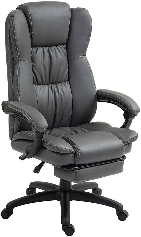 Vinsetto biuro kėdė, vadovo kėdė, pasukama kėdė, reguliuojamo aukščio, su kojų atrama, galvos atrama, ergonomiška kėdė, vibruojanti, darbo kėdė su atlošimo funkcija, masažo funkcija, dirbtinė oda, tamsiai pilka, 68,5x68,5x113-121 cm