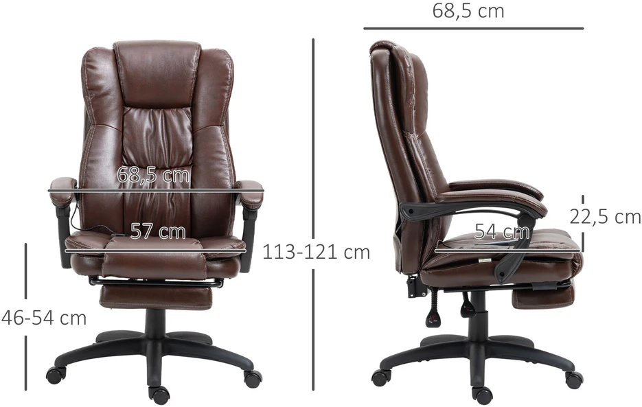 Vinsetto biuro kėdė vadovo kėdė sukamoji reguliuojamo aukščio ergonomiška su masažo funkcija, kojų atrama, galvos atrama ir atlošimo funkcija, dirbtinė oda, 68,5x68,5x113-121 cm