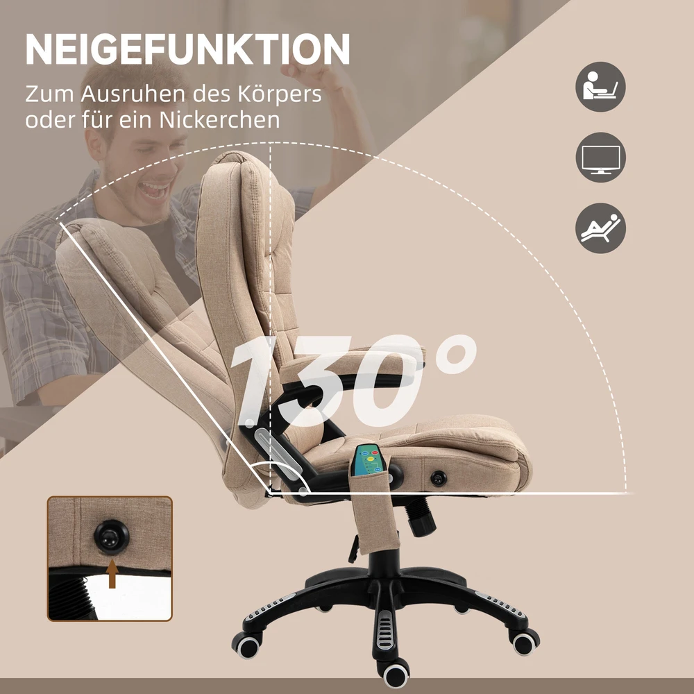 Biuro kėdė Vinsetto su vibraciniu masažu, ergonomiška darbo kėdė su šildymo ir atlošimo funkcijomis, reguliuojamo aukščio vadovo kėdė su nuotolinio valdymo pulteliu, šonine kišene, lino išvaizdos, ruda