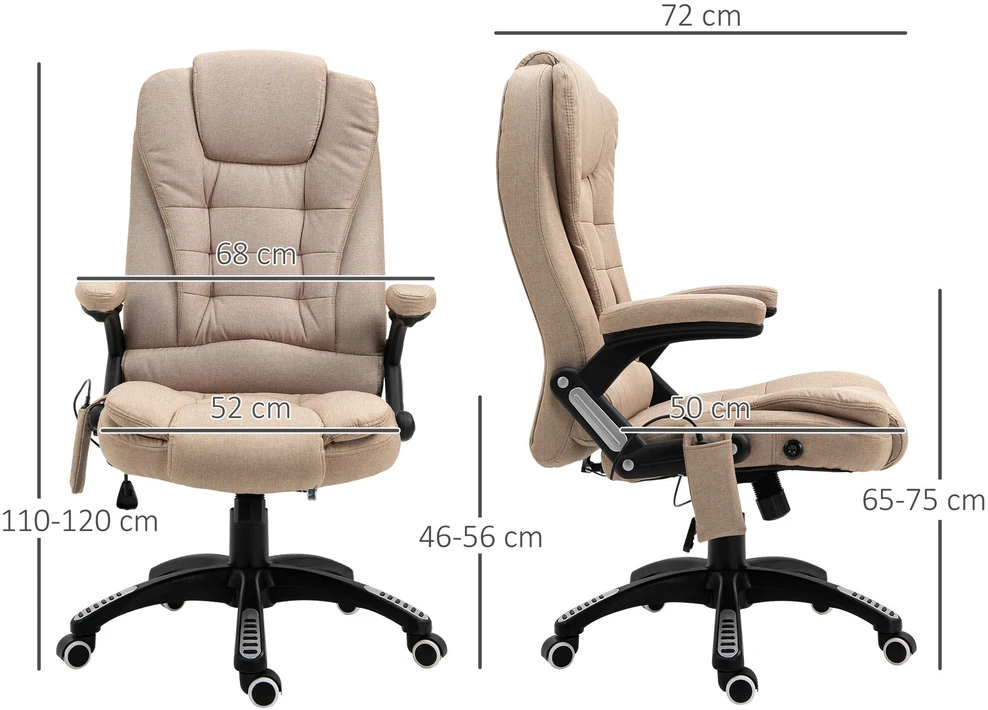 Biuro kėdė Vinsetto su vibraciniu masažu, ergonomiška darbo kėdė su šildymo ir atlošimo funkcijomis, reguliuojamo aukščio vadovo kėdė su nuotolinio valdymo pulteliu, šonine kišene, lino išvaizdos, ruda