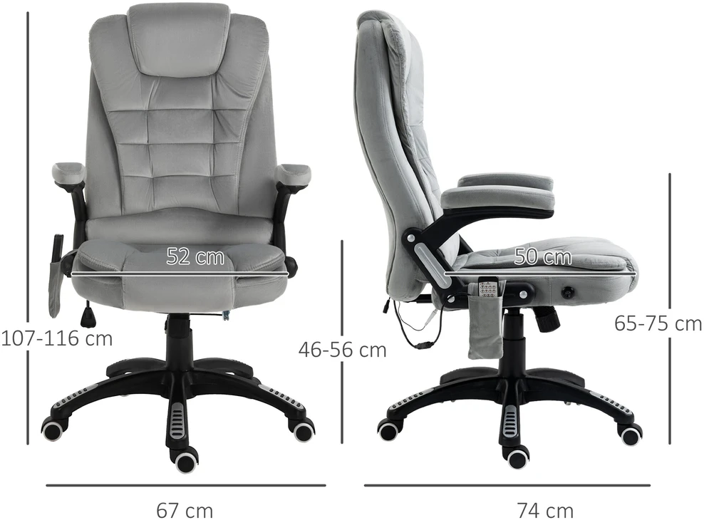 Vinsetto masažinė kėdė, biuro kėdė, žaidimų kėdė, reguliuojamo aukščio kėdė vadovams, ergonomiška, PU ratukai, pilka, 67x74x107-116 cm