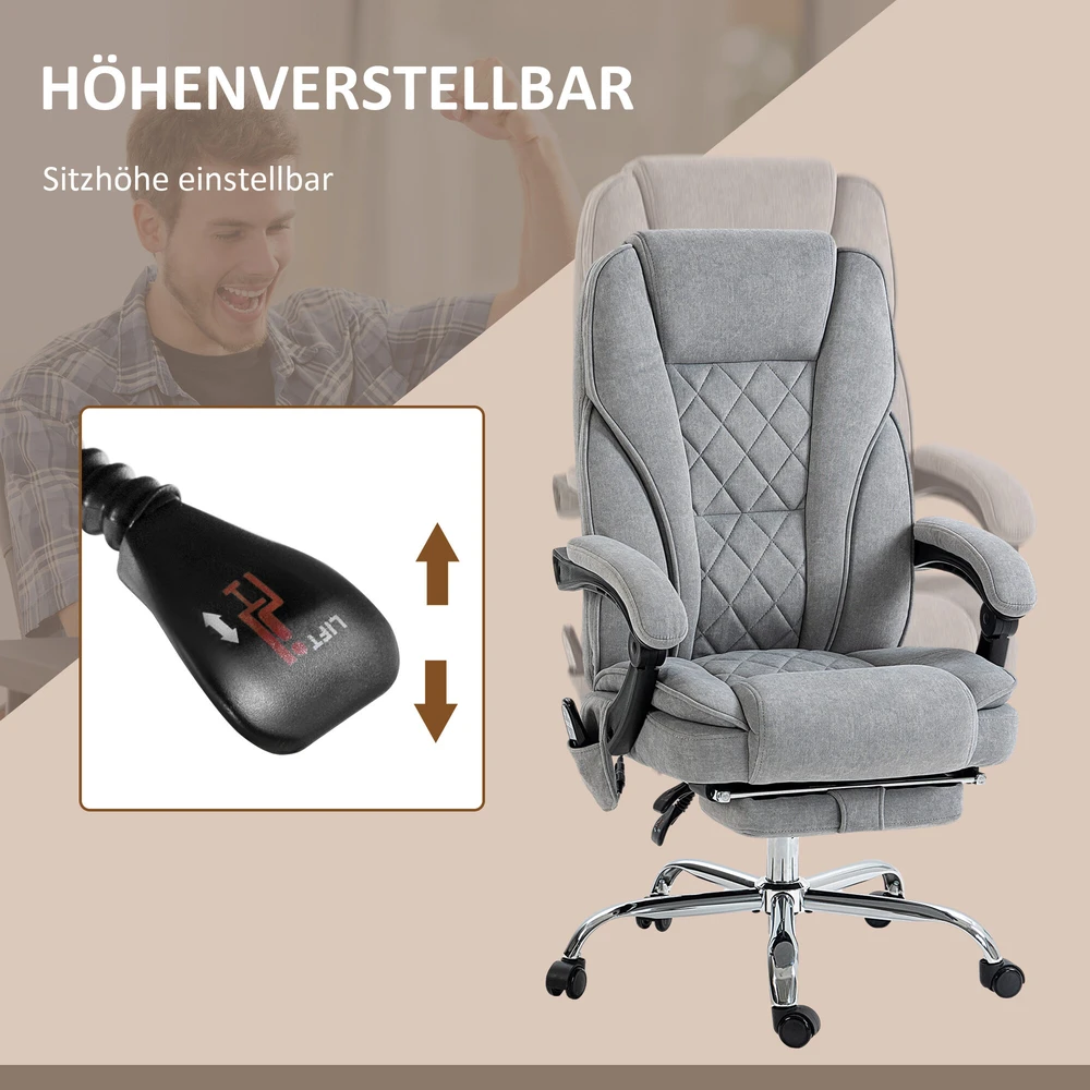 Vinsetto biuro kėdė su vibraciniu masažu, ergonomiška darbo kėdė su atlošimo funkcija, šildymu, reguliuojamo aukščio pasukama kėdė su kojų atrama, nuotolinio valdymo pultu, šonine kišene, pilka