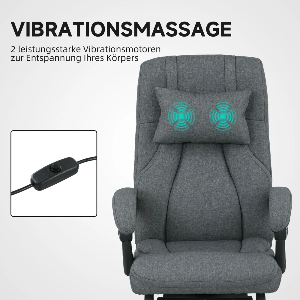 Biuro kėdė Vinsetto su masažo funkcija, ergonomiška rašomojo stalo kėdė su atlošimo funkcija, galvos atrama su USB jungtimi, reguliuojamo aukščio, besisukanti vadovo kėdė, lininio audinio išvaizda, tamsiai pilka