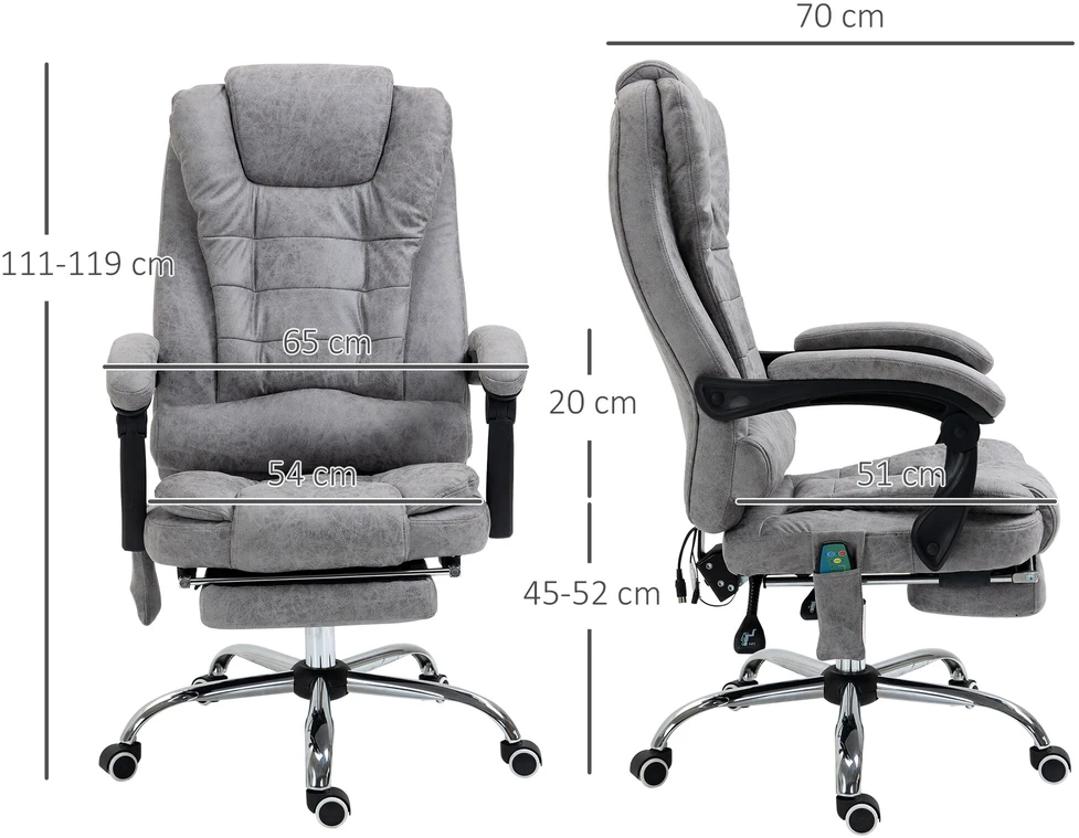 Biuro kėdė Vinsetto su masažo funkcija, ergonomiška darbo kėdė su atlošimo ir šildymo funkcijomis, nuotolinio valdymo pultas, pilka