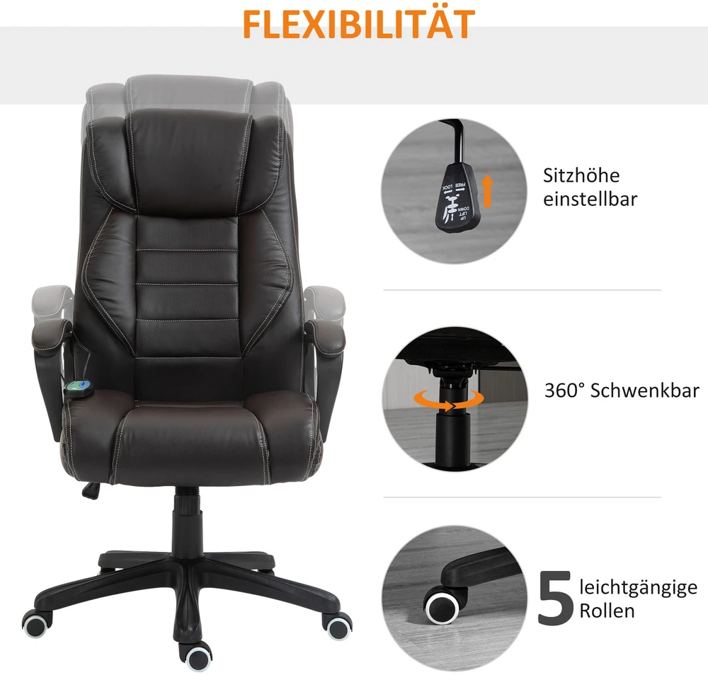 „Vinsetto“ biuro kėdė su masažo funkcija, ergonomiškas vadovo krėslas su vibraciniu masažu, supimosi funkcija, reguliuojamo aukščio darbo kėdė, sukama kėdė, ruda