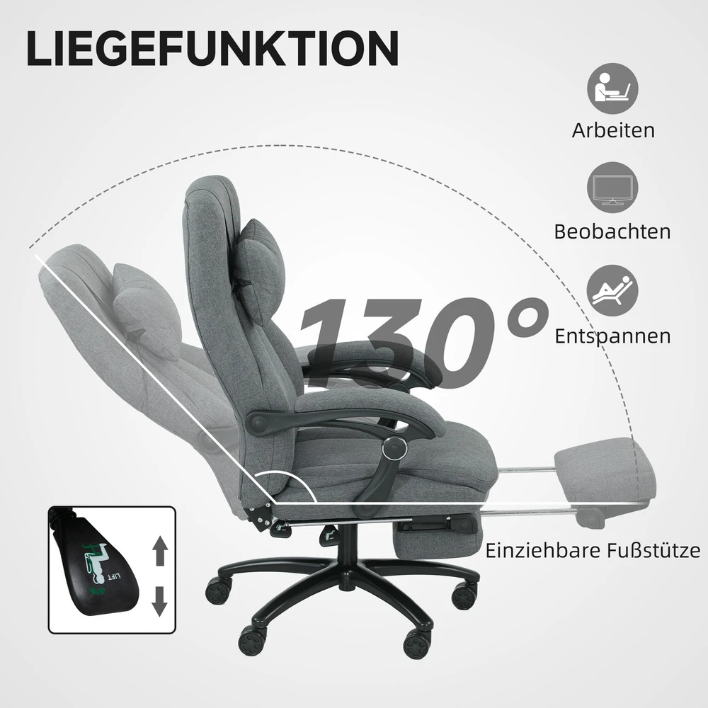 Biuro kėdė Vinsetto su masažo funkcija, ergonomiška rašomojo stalo kėdė su atlošimo funkcija, galvos atrama su USB jungtimi, reguliuojamo aukščio, besisukanti vadovo kėdė, lininio audinio išvaizda, tamsiai pilka