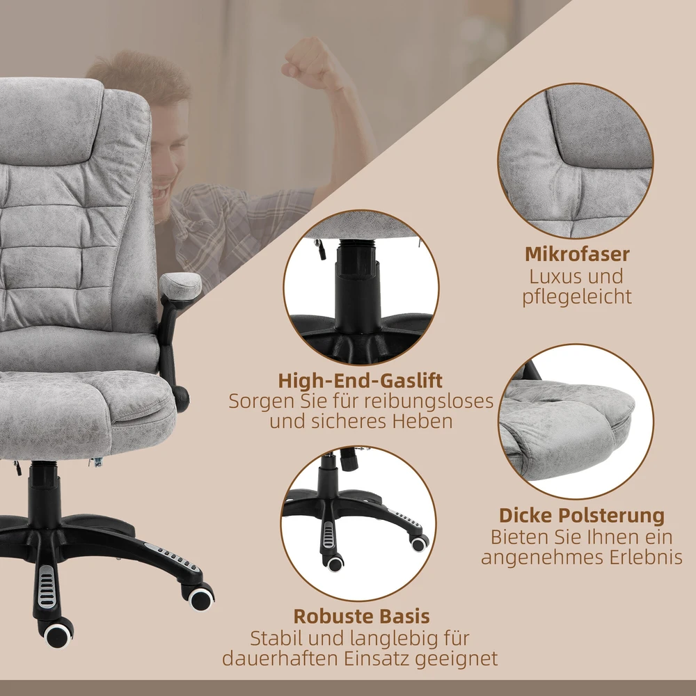 Biuro kėdė Vinsetto su supimosi funkcija, masažinis krėslas su šildymo funkcija, ergonomiškas vadovo krėslas su masažo funkcija, reguliuojamo aukščio, apkrova iki 120 kg, pilka