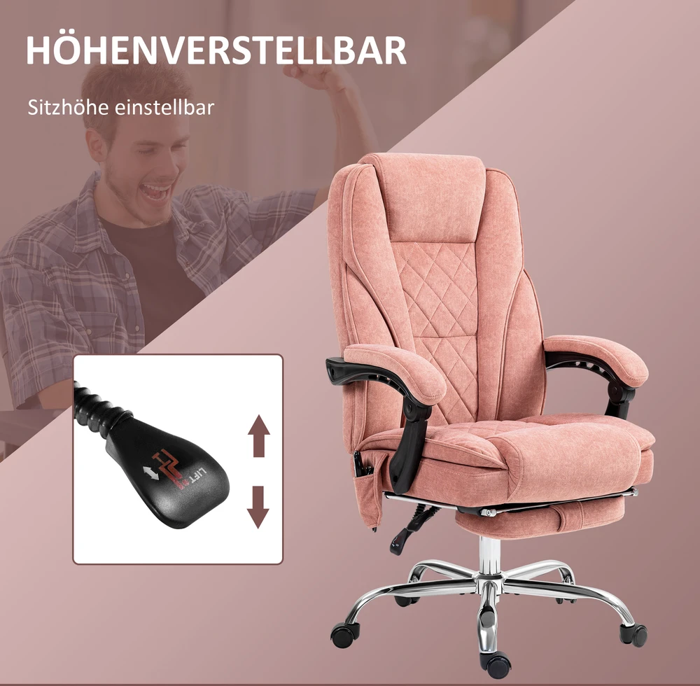 Vinsetto biuro kėdė su vibraciniu masažu, ergonomiška rašomojo stalo kėdė su atlošimo funkcija, šildymu, reguliuojamo aukščio sukama kėdė su kojų atrama, nuotolinio valdymo pultelis, šoninė kišenė, rožinė