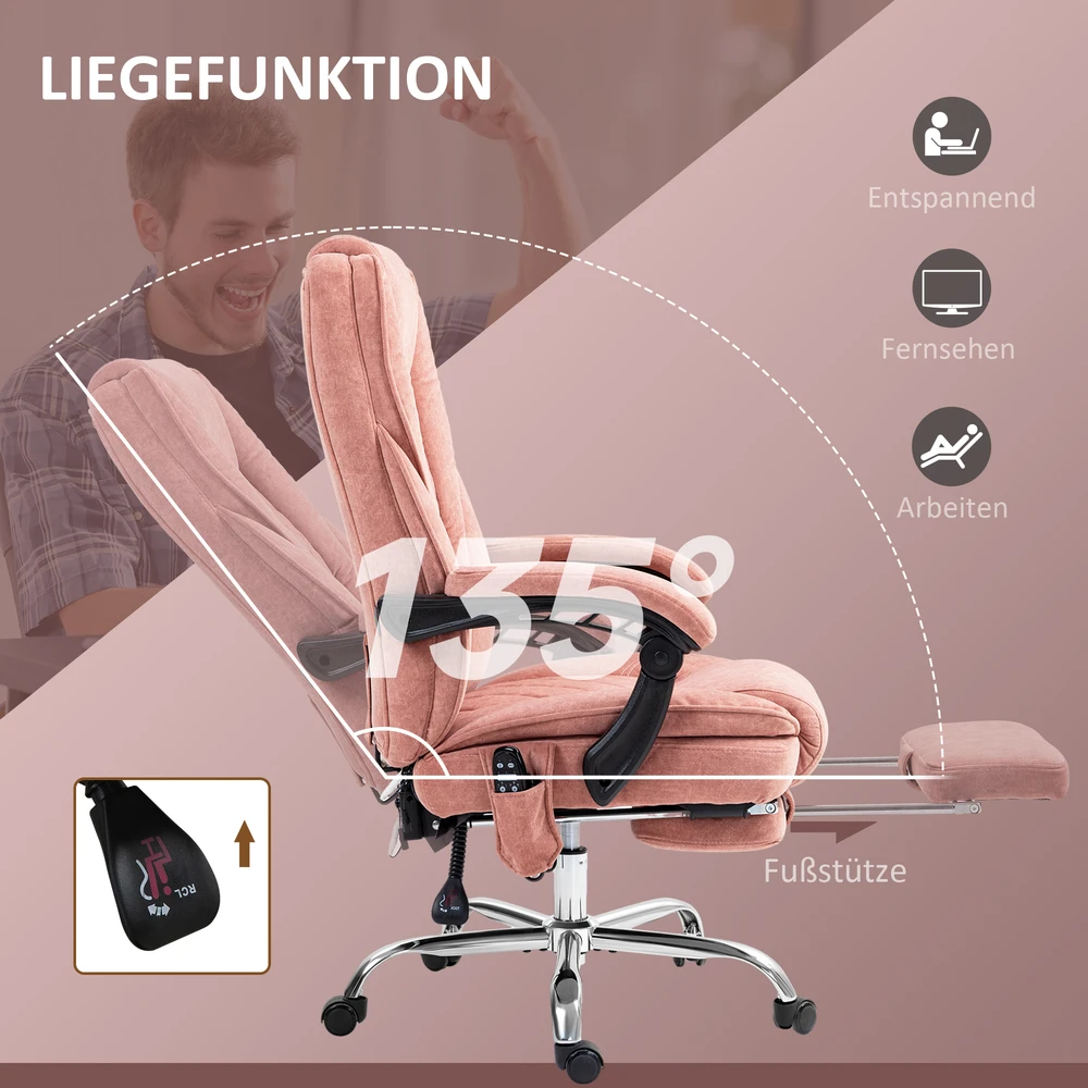 Vinsetto biuro kėdė su vibraciniu masažu, ergonomiška rašomojo stalo kėdė su atlošimo funkcija, šildymu, reguliuojamo aukščio sukama kėdė su kojų atrama, nuotolinio valdymo pultelis, šoninė kišenė, rožinė