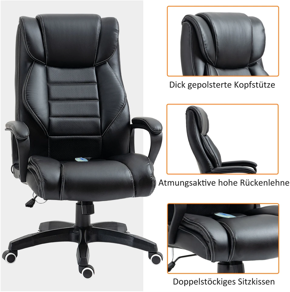 Vinsetto masažinė kėdė, pasukama, reguliuojamo aukščio ergonomiška žaidimų kėdė, kompiuterio kėdė, 6 vibracijos taškai, lino pojūtis, reguliuojama, juoda
