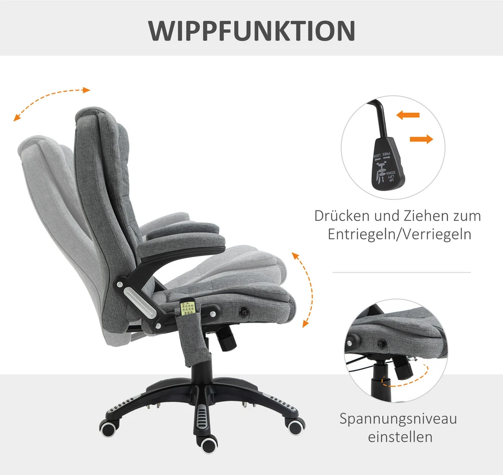 Vinsetto masažinis vadovo kėdė biuro kėdė reguliuojamo aukščio ergonomiška masažinė pilka 67 x 74 x 116–126 cm