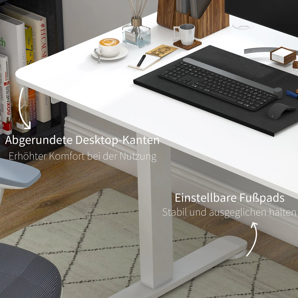 Vinsetto elektrinis reguliuojamo aukščio rašomasis stalas 140x70cm, kompiuterio stalas su 4 atminties nustatymais, ergonomiškas stovimas stalas su kabliuku ir apsauga nuo susidūrimo, baltas