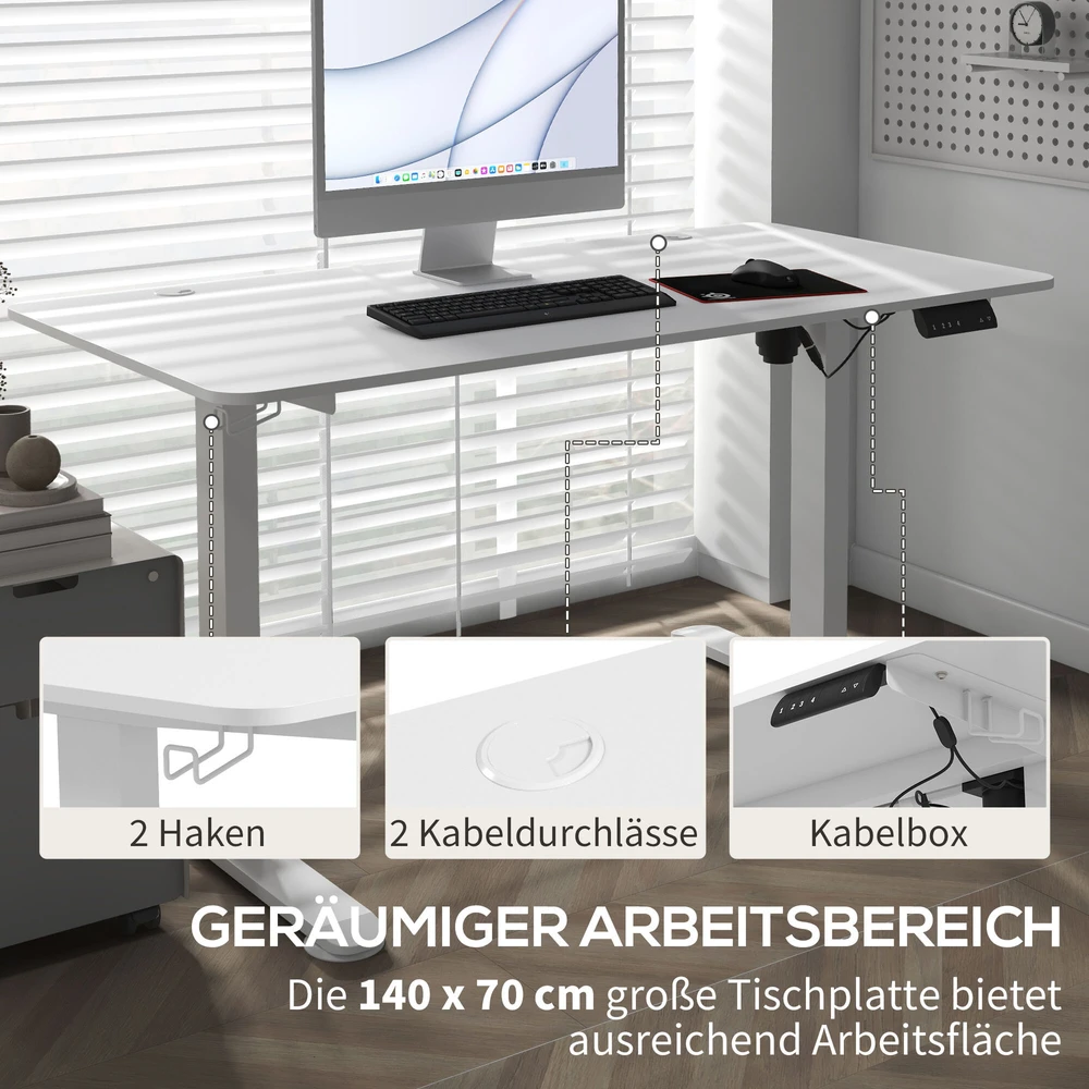 Vinsetto elektrinis reguliuojamo aukščio rašomasis stalas 140x70cm, kompiuterio stalas su 4 atminties nustatymais, ergonomiškas stovimas stalas su kabliuku ir apsauga nuo susidūrimo, baltas