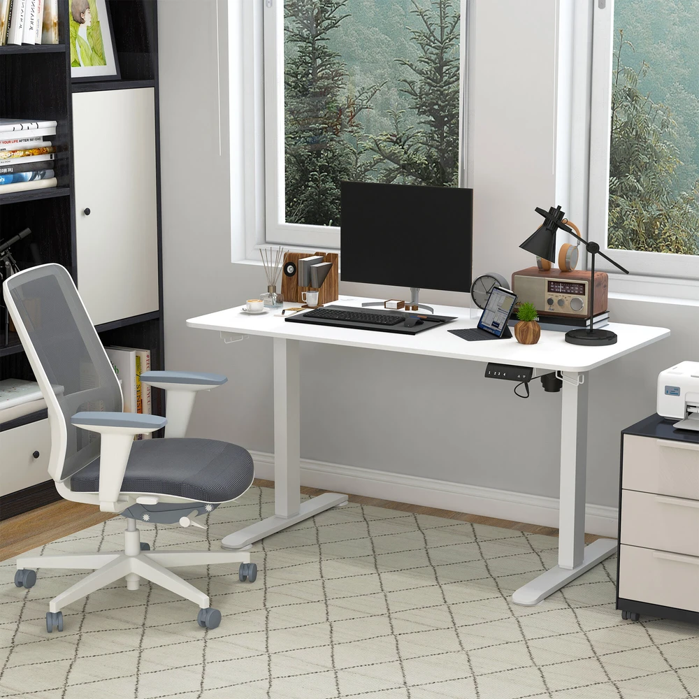 Vinsetto elektrinis reguliuojamo aukščio rašomasis stalas 140x70cm, kompiuterio stalas su 4 atminties nustatymais, ergonomiškas stovimas stalas su kabliuku ir apsauga nuo susidūrimo, baltas