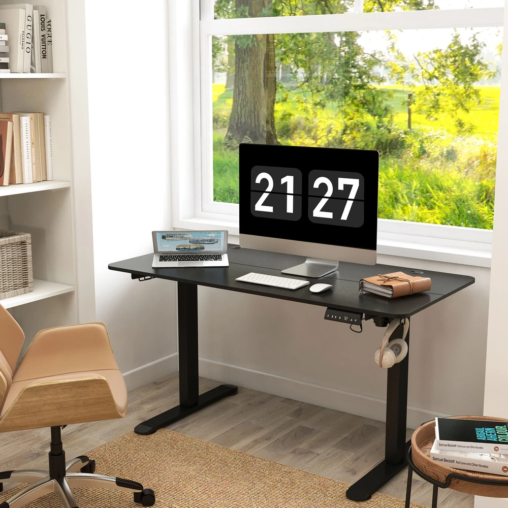 Vinsetto reguliuojamo aukščio rašomasis stalas 140 x 70 cm, elektrinis kompiuterio stalas su 4 atminties nustatymais, ergonomiškas sėdimas ir stovimas stalas su kabliu, apsauga nuo susidūrimo, juodas
