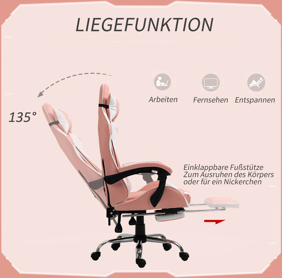 Vinsetto žaidimų kėdė kompiuterio kėdė ergonomiška biuro kėdė su galvos atrama juosmens pagalvėle reguliuojamo aukščio 360° besisukanti rožinė+balta