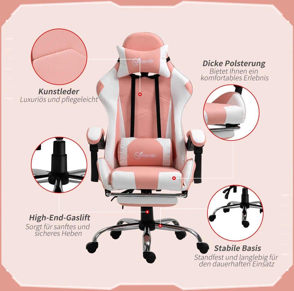 Vinsetto žaidimų kėdė kompiuterio kėdė ergonomiška biuro kėdė su galvos atrama juosmens pagalvėle reguliuojamo aukščio 360° besisukanti rožinė+balta