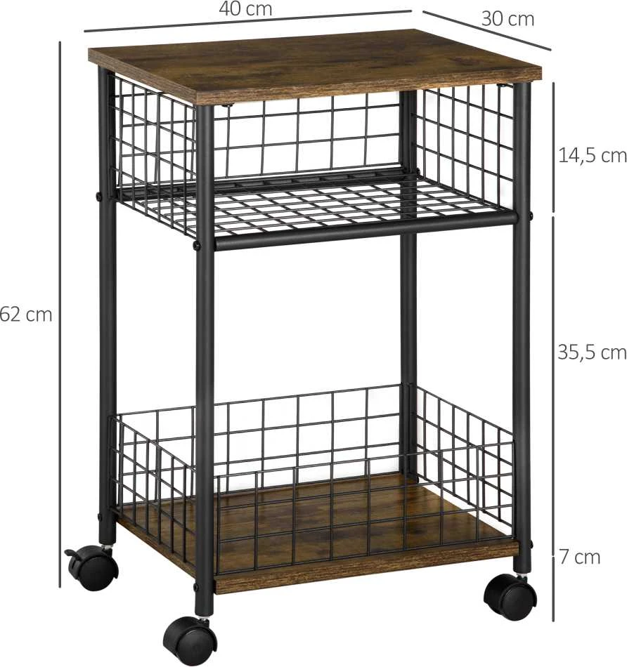 HOMCOM virtuvinis vežimėlis, serviravimo vežimėlis su stalviršiu, 2 laikymo krepšiais, 360° pasukamais ratukais, kaimiška ruda spalva, 40x30x62 cm
