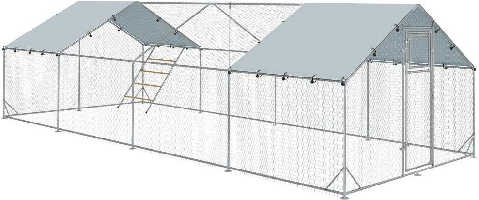 PawHut vištidė su voljeru, plieninė, 300 x 800 x 195 cm, vištų narvas su UV spinduliams atspariu stogeliu, šėrimo durelėmis, pakabinama šėrykla, laktomis, voljeras 24-30 vištų, smulkiems gyvūnams, sidabrinė