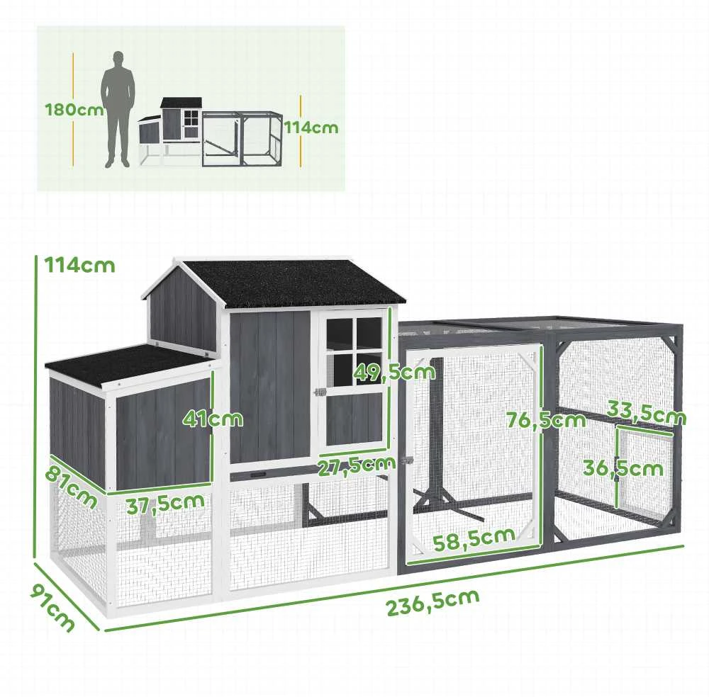 PawHut vištidė, 236,5 x 91 x 114 cm, aptvaras su lizdų dėže, voljeras, medinis namelis vištoms su 2 laktomis, vandeniui atspari danga, 3-4 vištoms, pilka