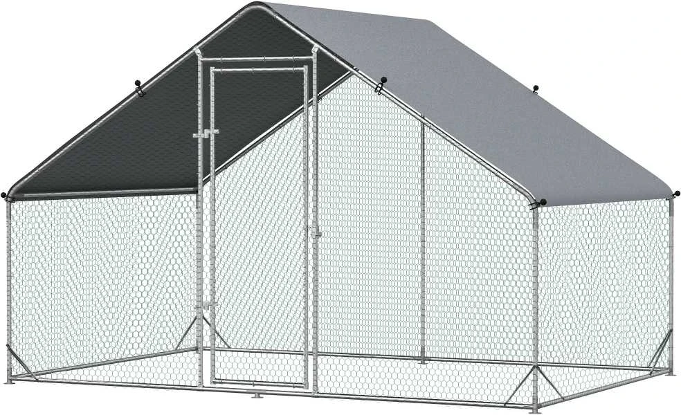 PawHut plieno vištidės voljeras, 300 x 200 x 200 cm vištų narvas su stogeliu, durelėmis, vištidė 4-6 vištoms, smulkiems gyvūnams, sidabrinė