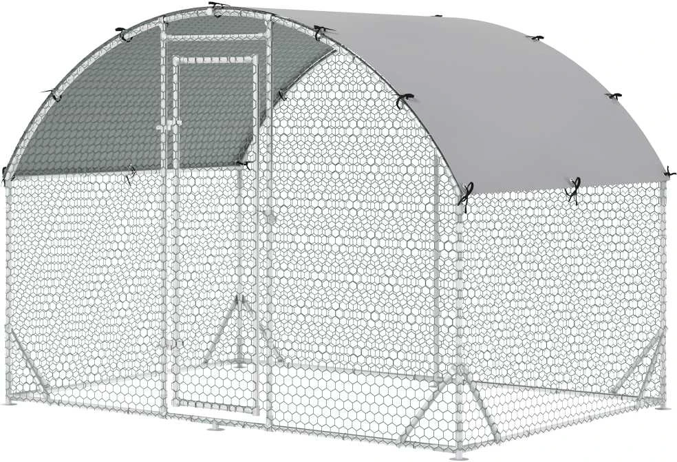 PawHut plieno vištidės voljeras, 280 x 190 x 197 cm vištidės narvas su UV spinduliams atspariu stogu, durelėmis, vištidė 4–6 vištoms, smulkiems gyvūnams, sidabrinė