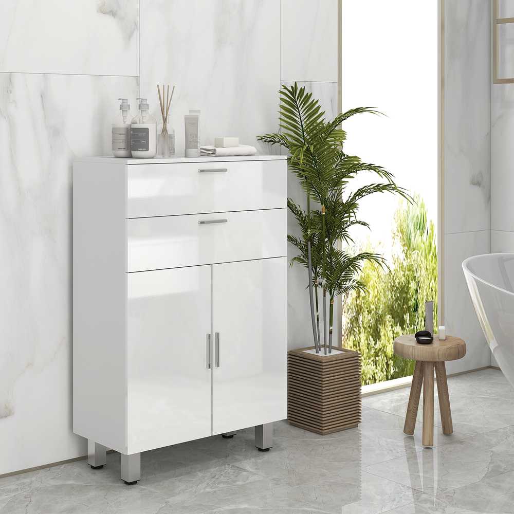 kleankin Vonios spintelė, šoninė spintelė su 2 blizgiais baltos spalvos stalčiais, durelėmis, vonios spintelė su reguliuojama lentyna, laikymo spintelė svetainei, 60 x 30 x 93 cm