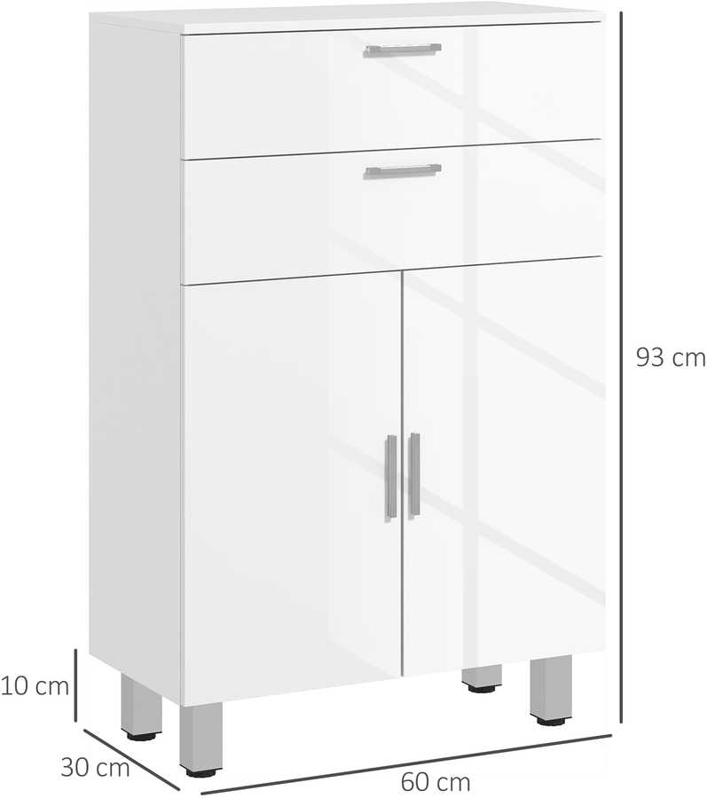 kleankin Vonios spintelė, šoninė spintelė su 2 blizgiais baltos spalvos stalčiais, durelėmis, vonios spintelė su reguliuojama lentyna, laikymo spintelė svetainei, 60 x 30 x 93 cm