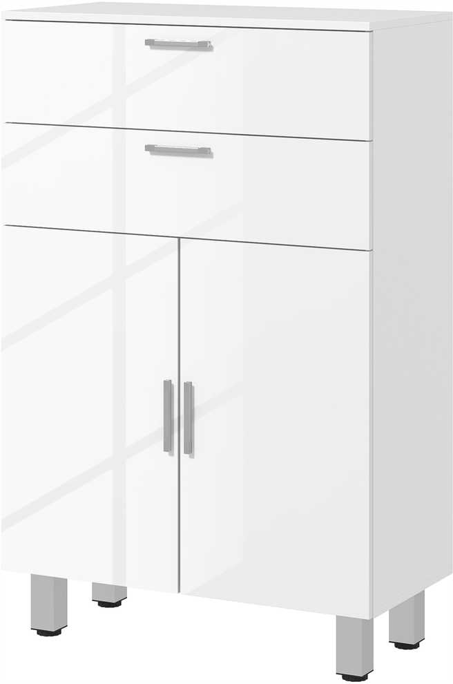kleankin Vonios spintelė, šoninė spintelė su 2 blizgiais baltos spalvos stalčiais, durelėmis, vonios spintelė su reguliuojama lentyna, laikymo spintelė svetainei, 60 x 30 x 93 cm