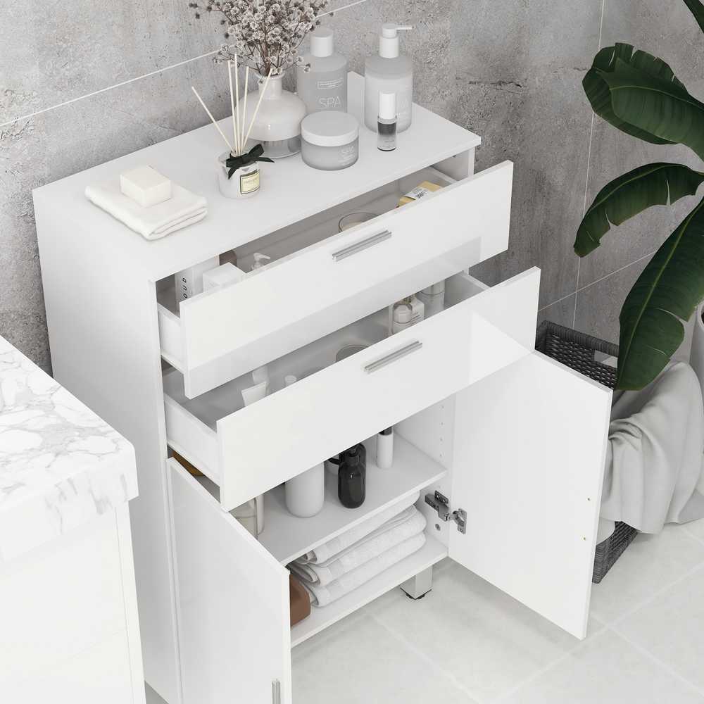 kleankin Vonios spintelė, šoninė spintelė su 2 blizgiais baltos spalvos stalčiais, durelėmis, vonios spintelė su reguliuojama lentyna, laikymo spintelė svetainei, 60 x 30 x 93 cm