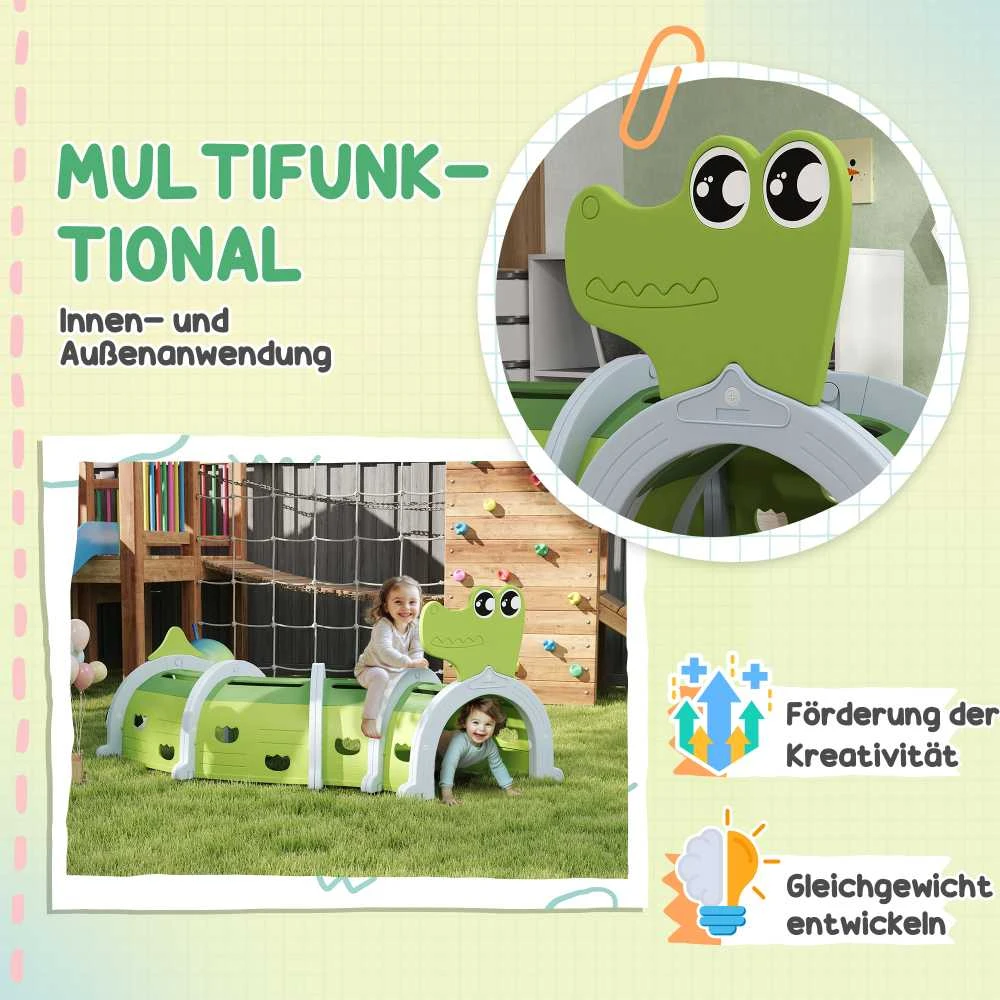 AIYAPLAY šliaužiojimo tunelis vaikams, žaidimų tunelis 194 cm, krokodilo dizainas, vaikiškas tunelis, 3-6 metų vaikams, plastikas, vidaus ir lauko naudojimui, žalias