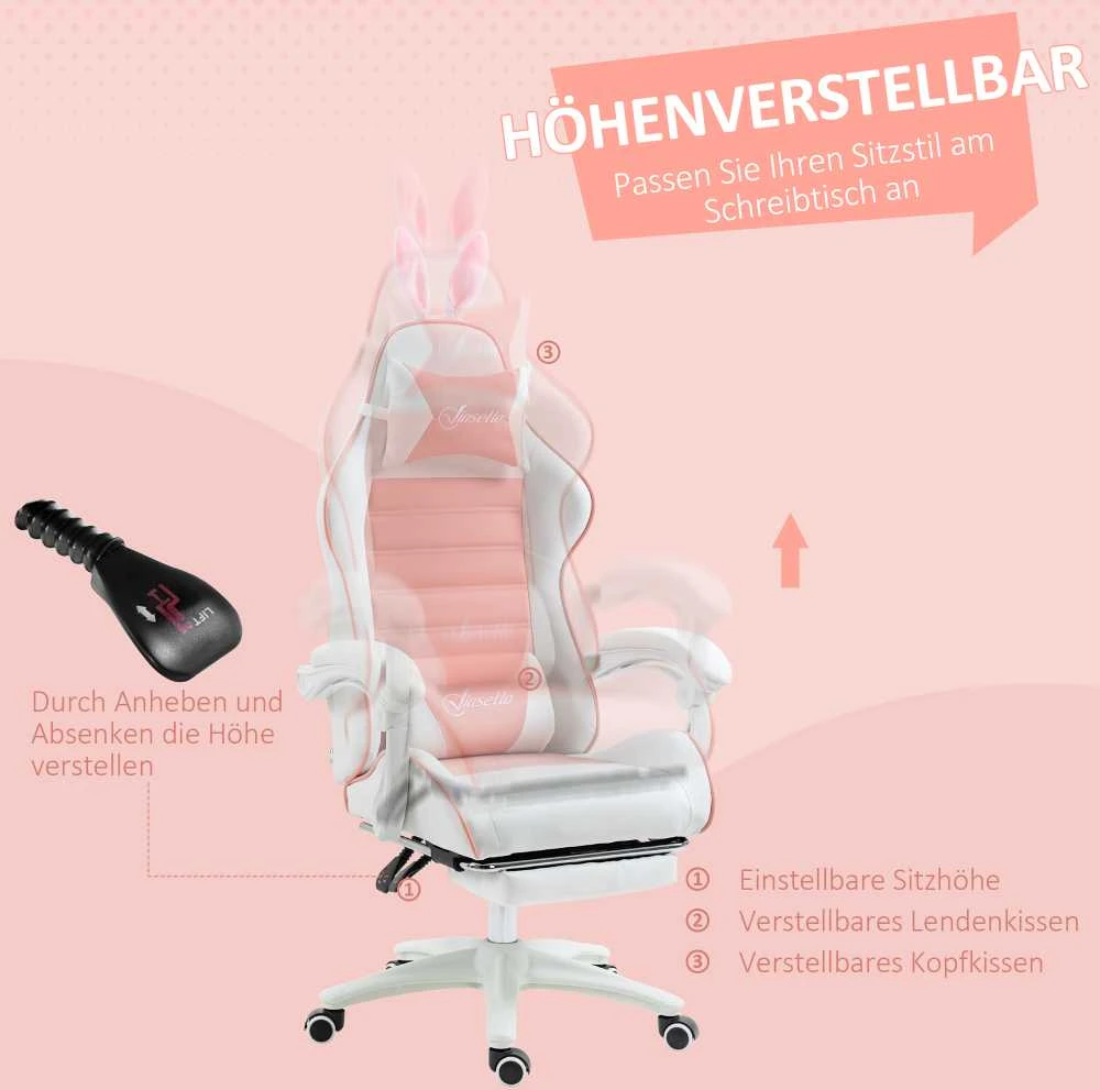 Vinsetto žaidimų kėdė, ergonomiška žaidėjo kėdė su juosmens atrama, kojų atrama, žaidimų fotelis su zuikio ausimis, galvos pagalve, reguliuojamo aukščio biuro kėdė su reguliuojama atlošimo funkcija, rožinė