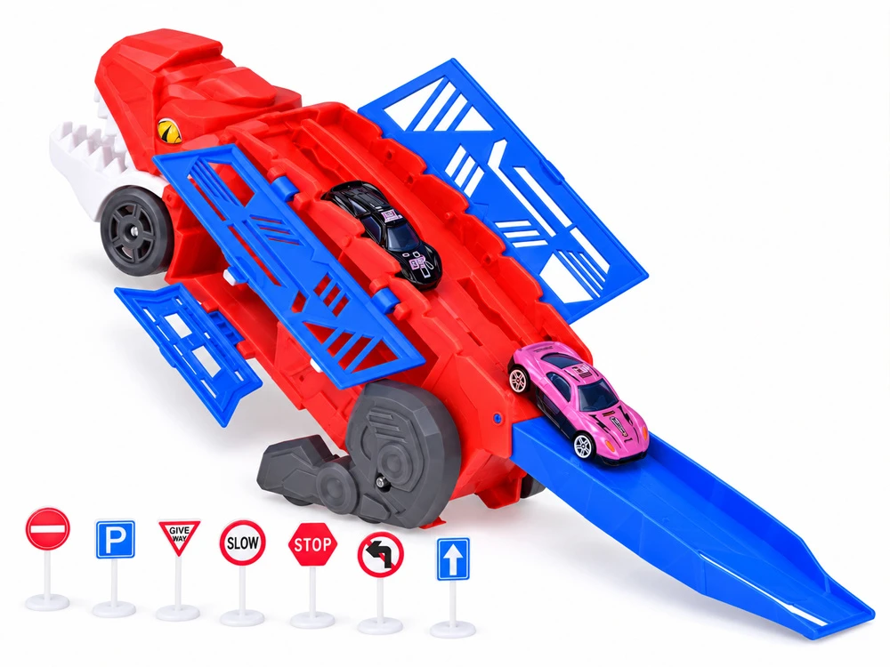 Jokomisiada 2-in-1 foldable DINOSAUR car and garage launcher + signs and springs ZA6616