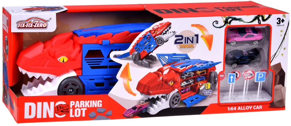 Jokomisiada 2-in-1 foldable DINOSAUR car and garage launcher + signs and springs ZA6616
