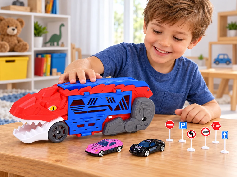 Jokomisiada 2-in-1 foldable DINOSAUR car and garage launcher + signs and springs ZA6616